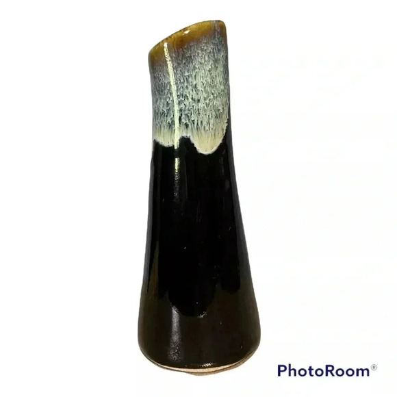 Mid-Century Modern Brown and White DRIP GLAZE 5.5" Bud Vase Unique Shape HTF! - Picture 3 of 4